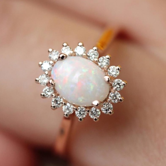 Go Shop Jewelry - NEW 18K Rose Gold Diamond White Fire Opal Ring